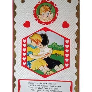 Valentine Postcard Cupid Watches Children Reading Book Embossed Series 448
